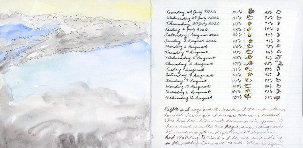 Sketchbook spread with loose sky watercolor painting, and weather notes for 28 July to 12 August 2026, and a handwriting.
