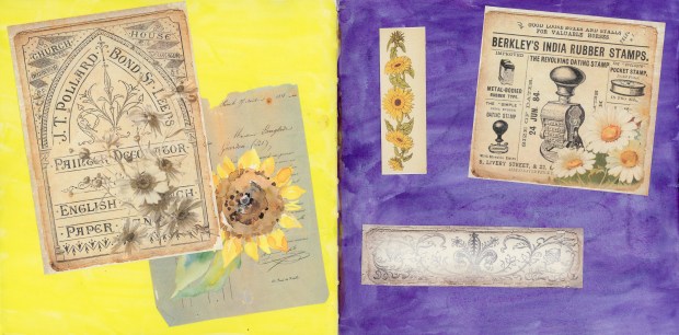 Sketchbook spread, with color background, and sunflower collage junk journal ephemera.