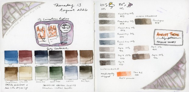 Sketchbook spread with swatches of Senneier Neutrals palette and a selection of Luminance Neutral pencils.