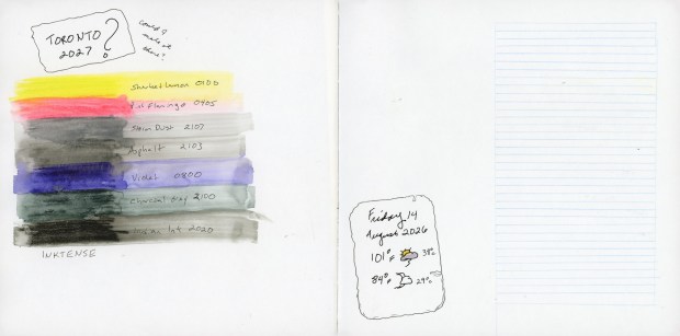 Unfinished sketchbook spread with Intense color swatches, lines for handwriting, and a weather card.