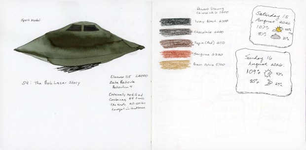 Unfinished sketchbook spread with ink washed UFO sketch, and earth colors swatched in Derwent Drawing pencils.
