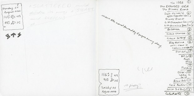 Unfinished sketchbook spread for 24-25 August with weather and notes on Write Away.