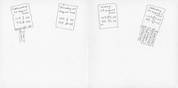 Unfinished sketchbook page with weather notes for 26-29 August 2026