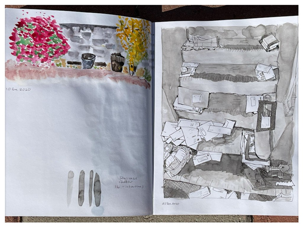 Sketchbook spreads with watercolor of yard on one page and pen and ink sketch of cluttered staircase on the other. Dated 31 Dec 2020