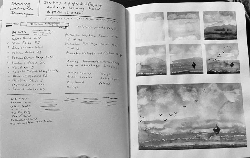 Sketchbook spread with handwritten notes and painted greyscale ocean waves.