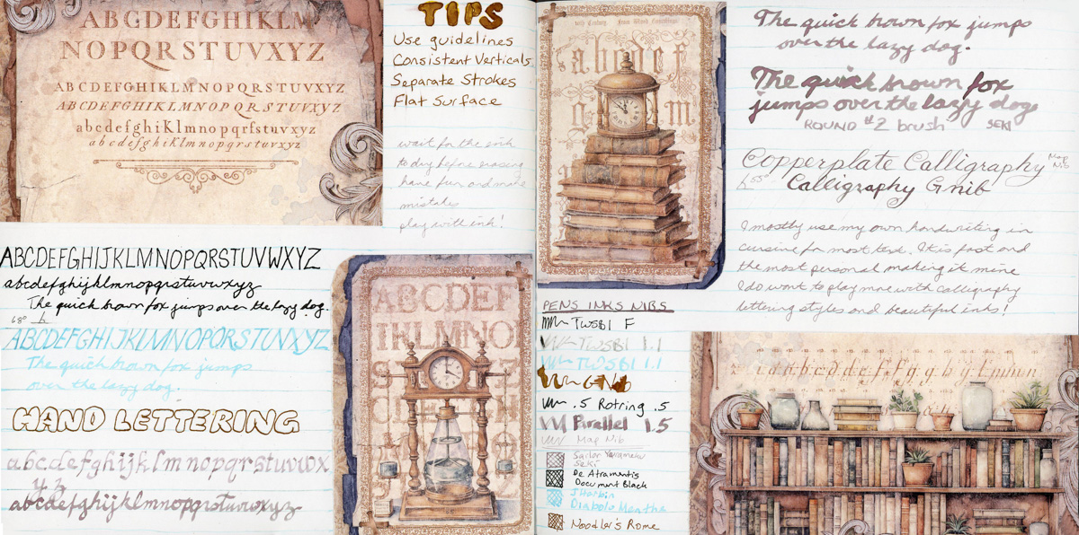 Sketchbook spread of alphabet, handwriting, and calligraphy samples mixed with collaged junk journal alphabets
