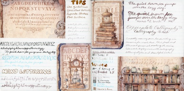 Sketchbook spread of alphabet, handwriting, and calligraphy samples mixed with collaged junk journal alphabets