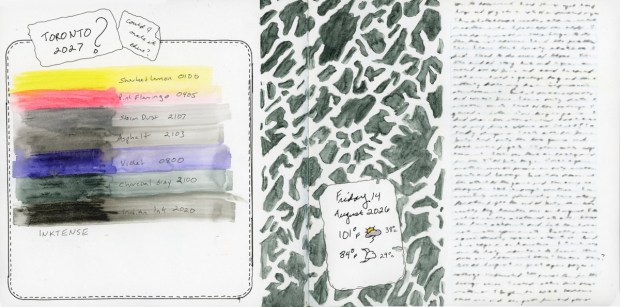 Color swatches of Inktense pencils, a stencil block with weather card, and a handwritten text block