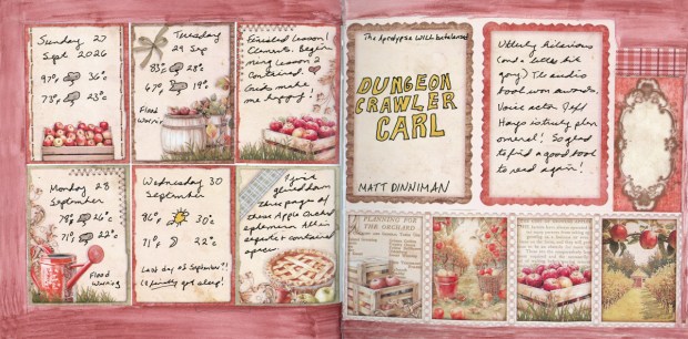 Apple orchard and Dungeon Crawler Carl: Collage journal spread on a dusty-rose painted background. The left page is a two-by-three grid of apple orchard journaling cards with handwritten entries for 27–30 September 2026, including daily highs and lows in Fahrenheit and Celsius, flood warnings, “Grids make me happy!” and a note about gluing the orchard ephemera into separate, contained spaces. The cards are decorated with apple crates, a barrel, a watering can and an apple pie. On the right page, a framed card has a hand-lettered yellow “Dungeon Crawler Carl” title by Matt Dinniman, and a second card holds a short handwritten review. Below them is a row of four stamp-edged orchard images, with plaid washi tape and an empty ornate frame at the edge.