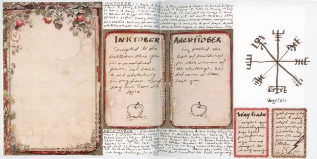 Inktober, Architober and Vegvísir: Wide collage spread with a fold-out panel. At left is a tall vintage frame decorated with apple branches, left blank. In the center are two matching cards titled “Inktober” and “Architober,” each with a short handwritten note and a small ink sketch of an apple. Handwritten lists of the Inktober and Architober 2026 prompts run across the top and bottom of the spread like borders. At right, a Vegvísir is drawn in brown ink inside a white circle and labeled. Below it are two small cards, one titled “Wayfinder,” both written in a coded script.