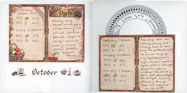 October: Square white sketchbook spread with framed journal cards placed on bare paper. The left page has a weather card for 1–2 October 2026 decorated with autumn leaves and an apple basket, and an “Ugh” card on a wooden sign describing a recovery day, a gym stretch, new pens and ordering potion bottles as “retail therapy.” Below them, “October” is lettered in brown blackletter between small drawings of a witch’s hat and broom, a steaming cauldron, a candlestick and a pumpkin. On the right page, a black-and-white zodiac and moon-phase wheel showing Libra and Scorpio arches above weather and journal cards for 3–5 October, with temperatures up to 100°F. The journal card is partly written in a private cipher.