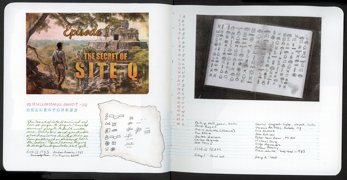 The Secret of Site Q: Sketchbook spread on blue-lined paper with no borders around any elements. The upper left is a printed “Episode 1: The Secret of Site Q” image of an explorer looking toward a jungle temple. Below it are a pink number code with “COLLECT CODES” spelled out in boxed blue letters, a handwritten green-ink note about starting the mystery, and a torn paper scrap of copied glyphs. The right page has an A–Z alphabet numbered 1–26 in pink, a black-and-white photo of an old notebook covered in symbols, and two handwritten team rosters labeled Group 1 and Group 2.