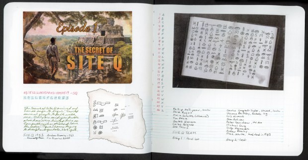 The Secret of Site Q: Sketchbook spread on blue-lined paper with no borders around any elements. The upper left is a printed “Episode 1: The Secret of Site Q” image of an explorer looking toward a jungle temple. Below it are a pink number code with “COLLECT CODES” spelled out in boxed blue letters, a handwritten green-ink note about starting the mystery, and a torn paper scrap of copied glyphs. The right page has an A–Z alphabet numbered 1–26 in pink, a black-and-white photo of an old notebook covered in symbols, and two handwritten team rosters labeled Group 1 and Group 2.